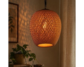 Vintage Woven Bamboo Swag Pendant Light MCM Boho Teardrop Hanging Lamp plug in