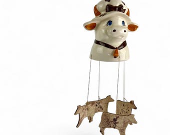 Campanilla de viento de cerámica vintage con forma de vaca, estilo rústico, con diseño floral y sombrero colgante para jardín 794