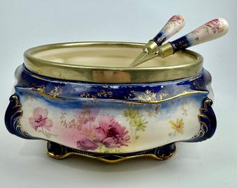 ロイヤルドルトン アンティーク フローラル サラダボウルセット フォーク スプーン コバルトブルー ゴールドトリム