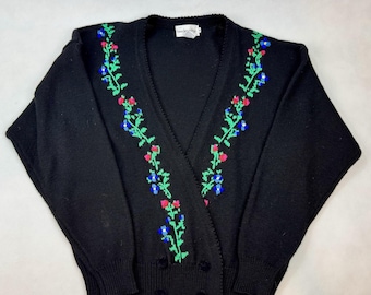 Breckenridge Vintage Black Floral Embroidered Wool Blend Cardigan Sweater Mens M