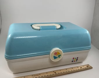 Vintage Caboodles Makeup Case Blue White 90s Cosmetic Organizer Mirror Latch Box