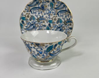 Linke Porzellan-Blau-Paisley und Blumenlusterware-Teetasse und Untertassen-Sets 2339