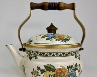 Hervidor de agua/té de esmalte Villeroy & Boch Alt Amsterdam VTG RARO con mango de madera