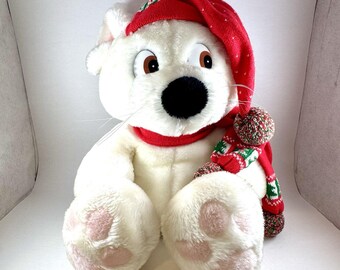 Vintage 1988 Commonwealth Toy White Polar Bear Plush Christmas Scarf Hat 12 Inch