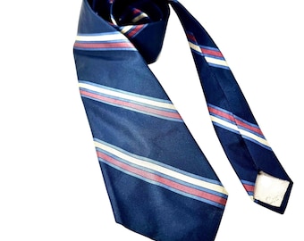 Christian Dior Mens Silk Tie Navy Blue Red Cream Striped Vintage Made in France