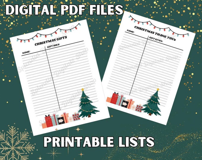 DIGITAL PDF File | Christmas Gift List & Christmas Thank Yous | Printable Lists | Full Page 8.5 X 11