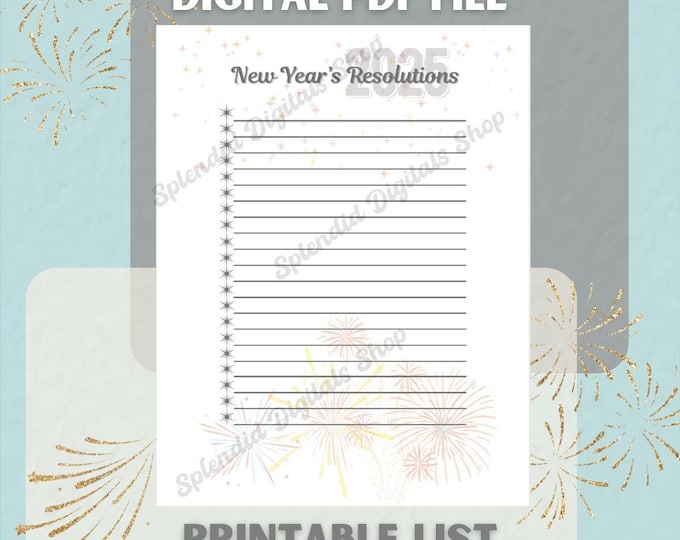 DIGITAL PDF New Years Resolutions 2025 | Full Page 8.5 x 11 | Printable PDF File | Fireworks