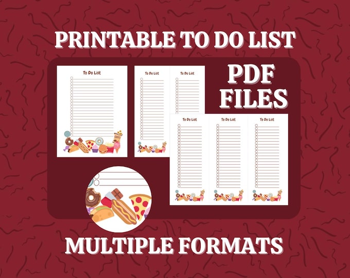 FUN, COLORFUL Printable To Do List | Junk Food Themed | Digital PDF 8.5 X 11  | Multiple Formats | Make Organized Living Fun