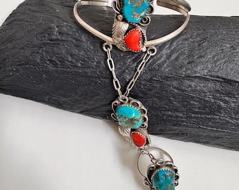 Pulseira/anel vintage Navajo Coral e Turquesa Slave de prata esterlina tamanho 6 EUA