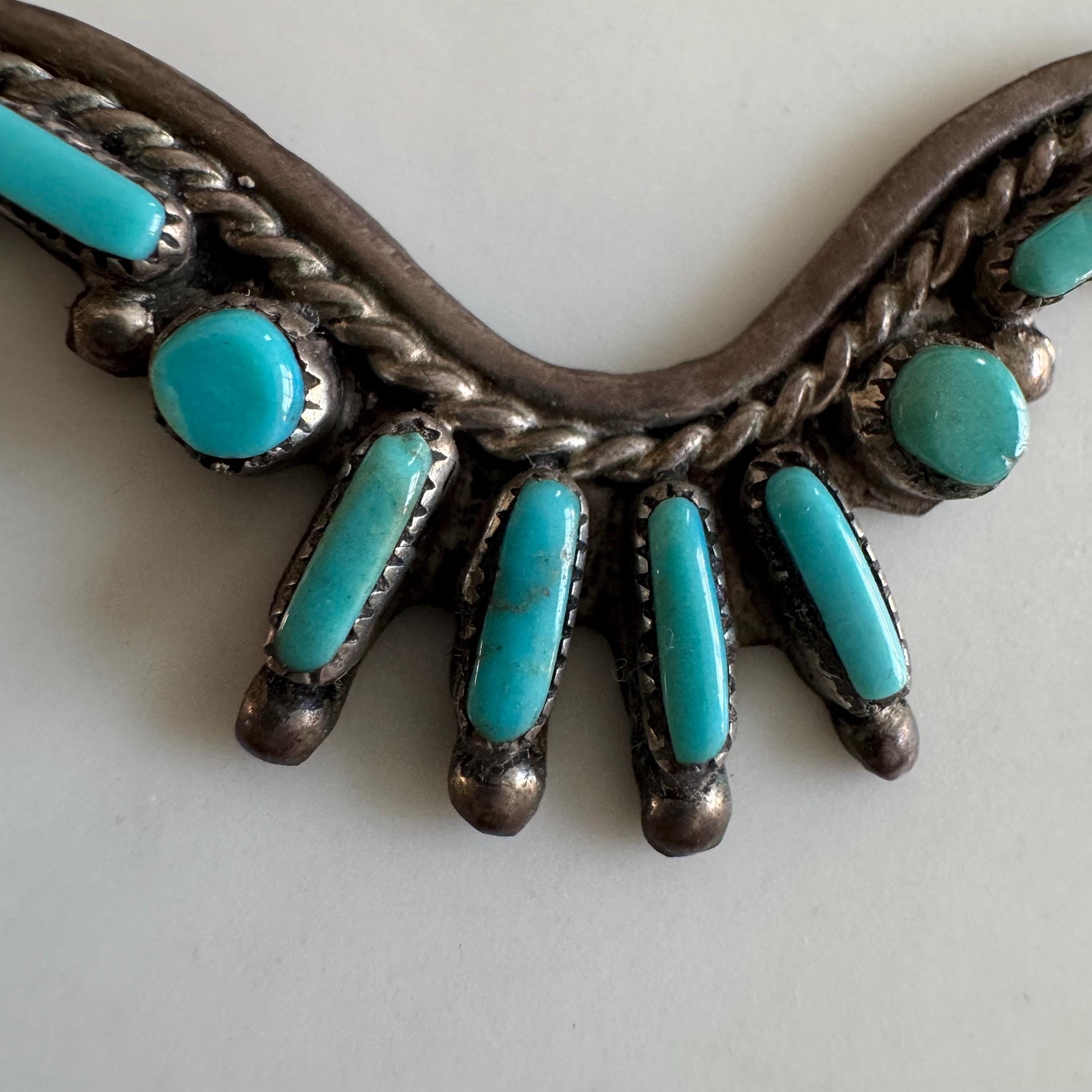 Mid Century Zuni Petit Point Sleeping Beauty Turquoise Sterling