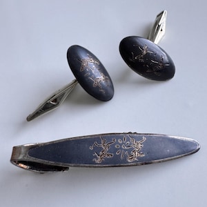 Cravate et boutons de manchette vintage en argent sterling - Siam Temple Goddess Design