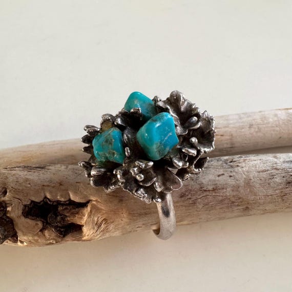 Brutalist Turquoise Nest Statement Ring – Vintage… - image 1