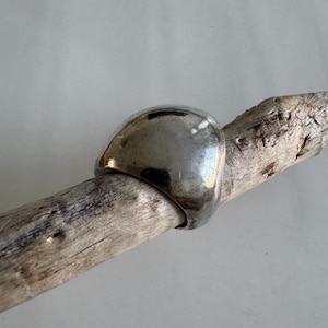 Puede incluir: Un anillo plateado con una parte superior lisa y redondeada. El anillo se coloca sobre un trozo de madera flotante desgastada, creando un contraste de texturas. La superficie del anillo refleja la luz, resaltando su acabado pulido. Una joya sencilla pero elegante.