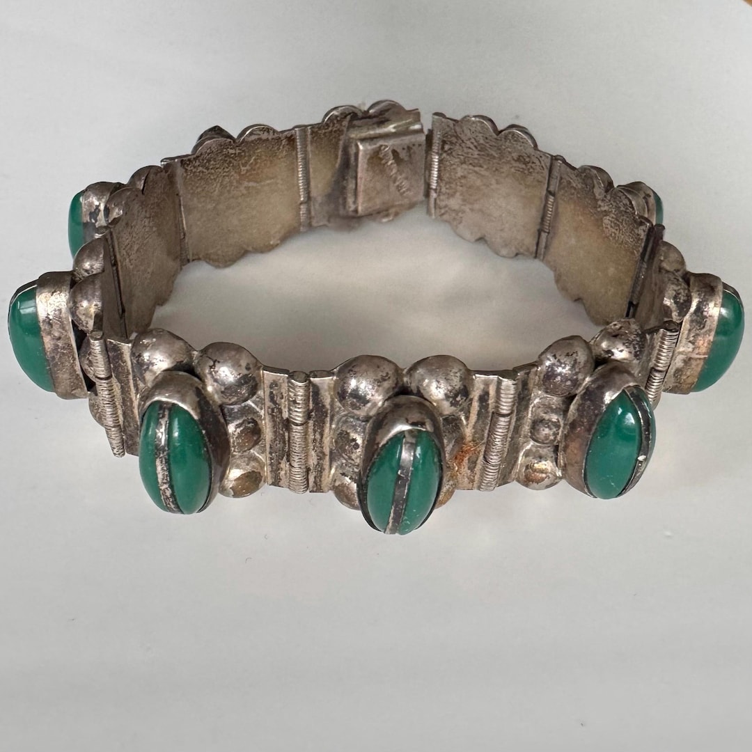 Mid-century Green Onyx Panel Sterling Silver Bracelet - Etsy
