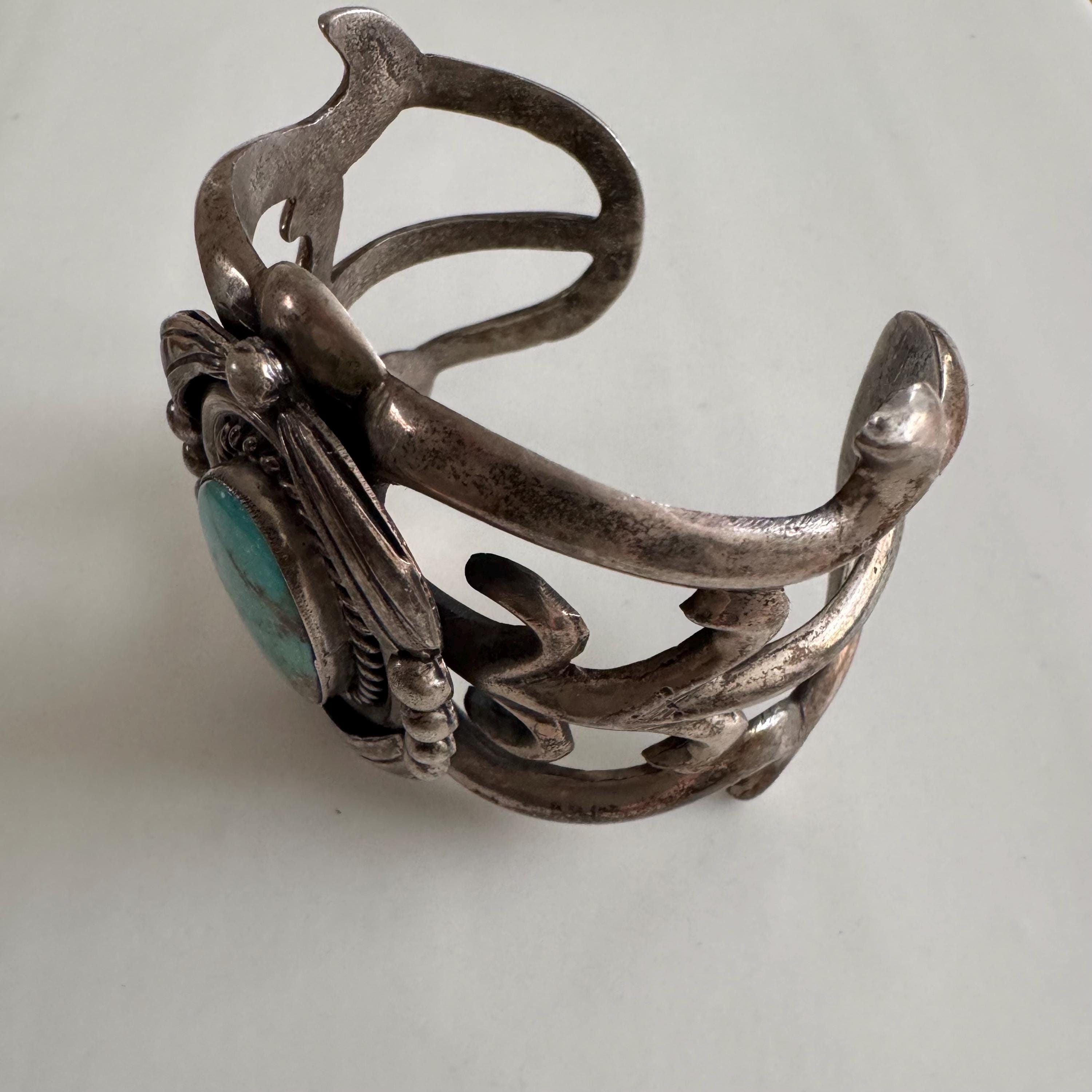 Vintage Navajo Dendritic Turquoise Sand Cast Coin Silver Heavy