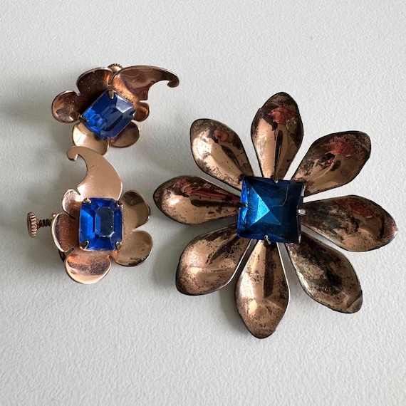 1940s Rose Gold Coro Brooch and Earring Set in Sterling  display picture 3