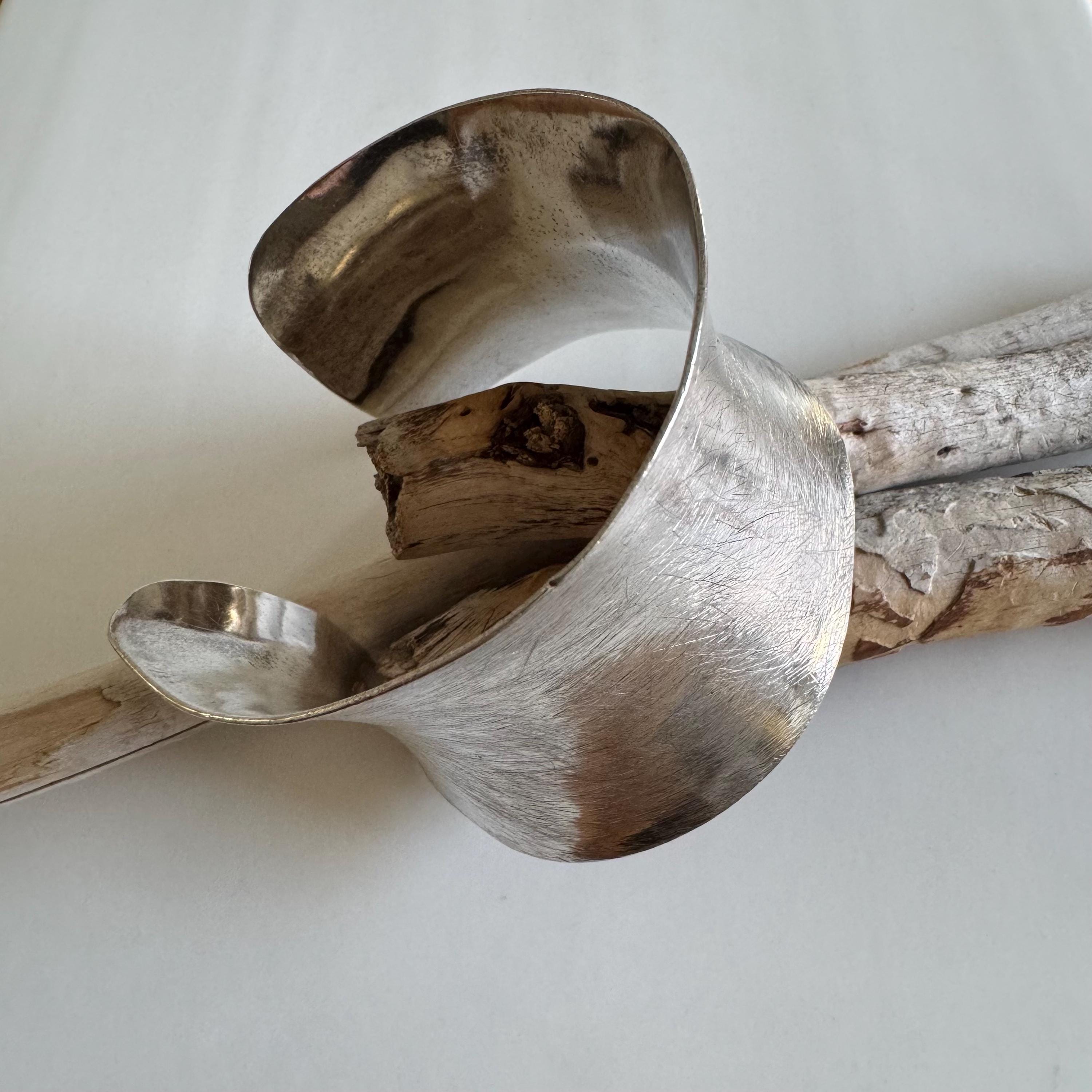 Modernist Sterling Silver Bone Cuff in Concave & Textured Form.