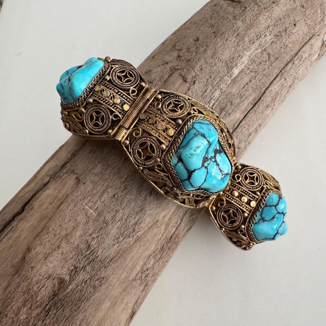 Chinese Export Silver Filigree and Turquoise Bracelet With Gold