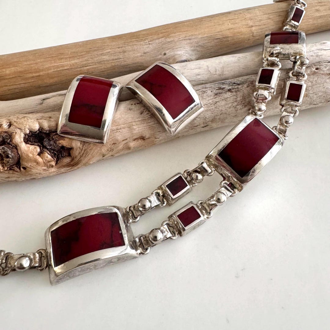 Mid Century Red Jasper Inlay Double Linked Sterling Silver Bracelet ...