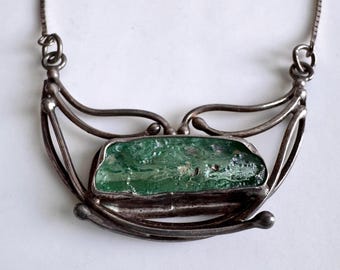 Modernist Mid Century Roman Glass Handcrafted Sterling Silver Pendant and Chain.