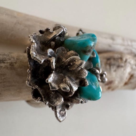 Brutalist Turquoise Nest Statement Ring – Vintage… - image 2