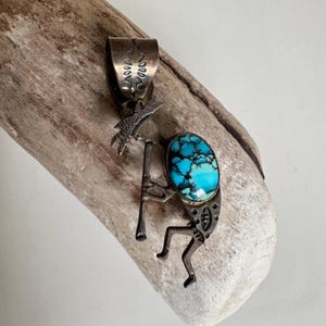 Emma Jean Bighand Kokopelli Sterling Silver Flute Player Pendant / Brooch with Turquoise Stone / Navajo Silversmith Artisan