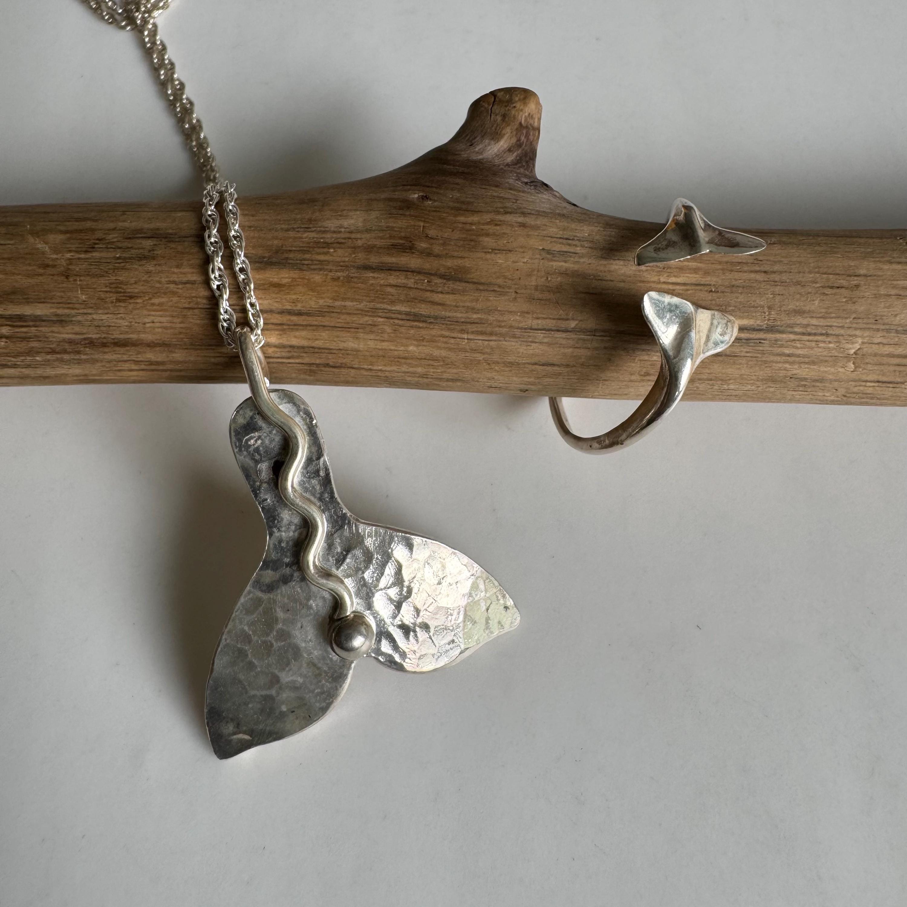 Hammered Whale Tail Pendant and Whale Tail Ring