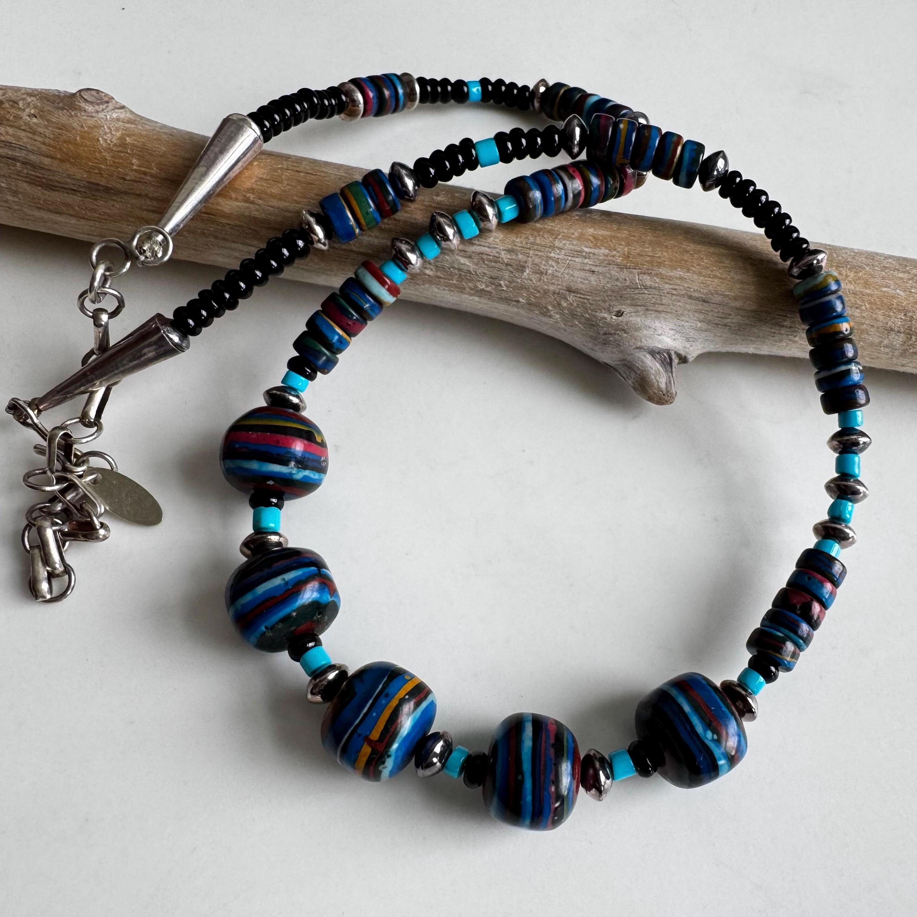 Running Bear Signed Navajo Vintage Sterling Multi Colors Bead