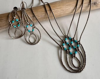 Navajo Liquid Silver and Turquoise Drape Necklace and Earrings Set with Multi Strands.