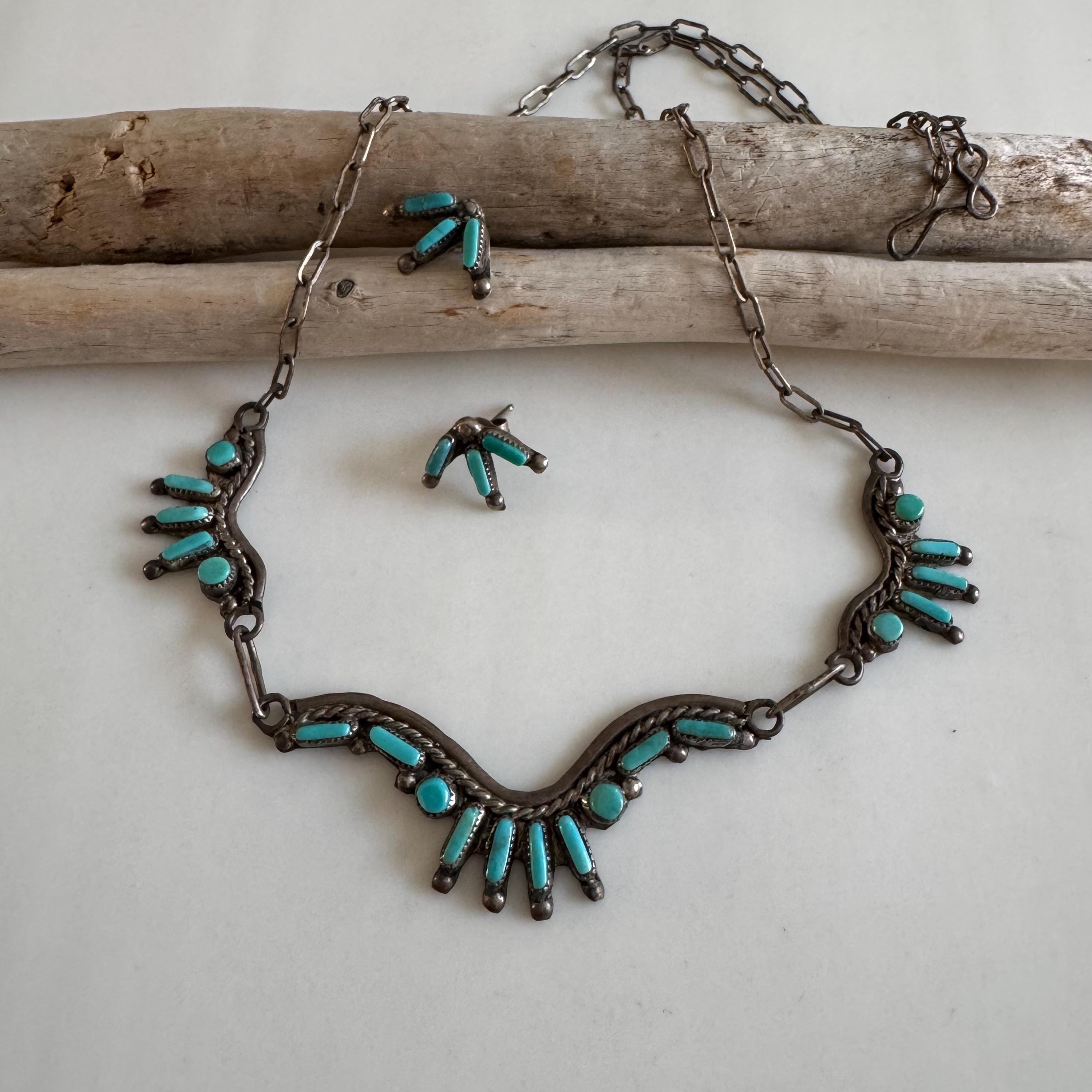 Mid Century Zuni Petit Point Sleeping Beauty Turquoise Sterling