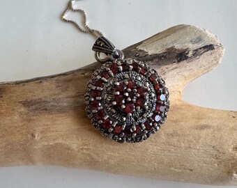 Art Deco / Bohemian Garnet and Marcasite Sterling Silver Pendant Necklace