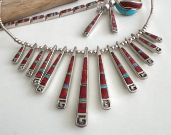 Parure de bijoux réversible en argent sterling turquoise, corail et opale Navajo incrustés
