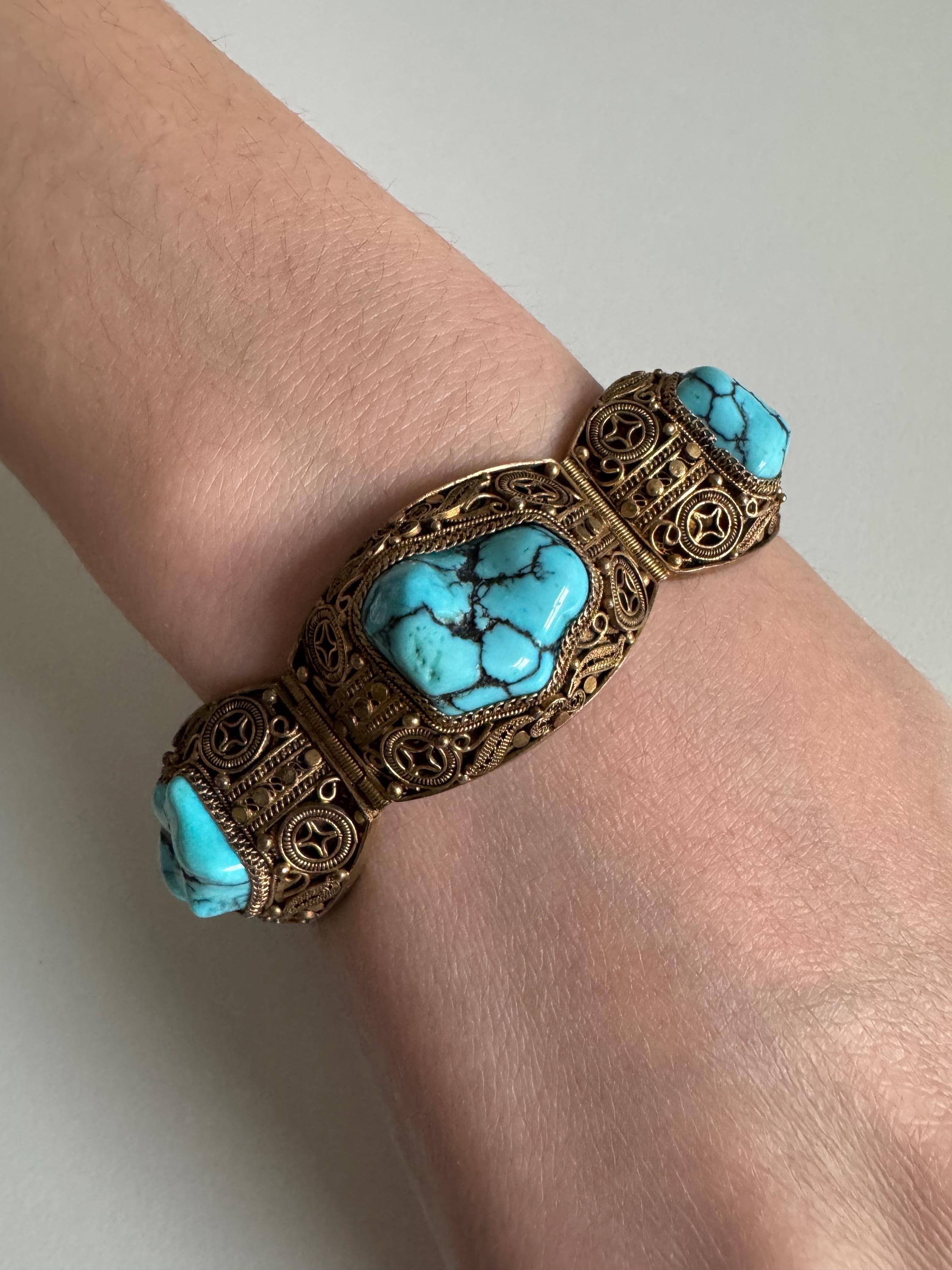Chinese Export Silver Filigree and Turquoise Bracelet With Gold