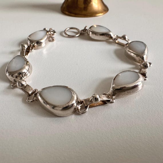Vintage Teardrop White Opal Sterling Silver Bracelet - 925 Mexico 