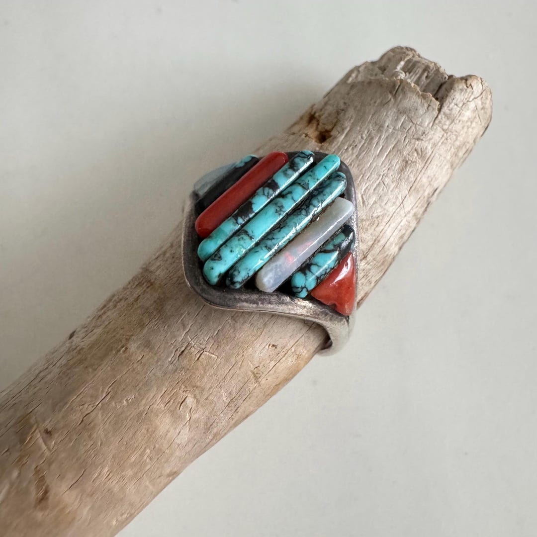 Vintage Zuni Turquoise, Opal, Coral and Spiny Oyster Inlay