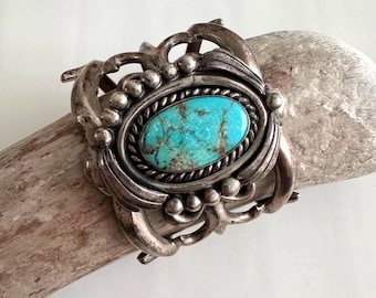 Vintage Navajo Dendritic Turquoise Sand Cast Coin Silver Heavy