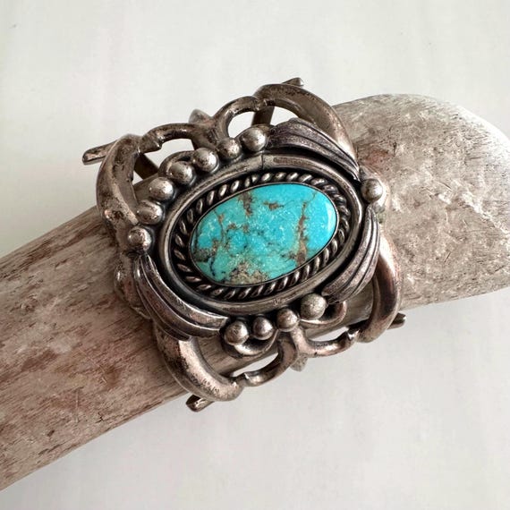 Vintage Navajo Dendritic Turquoise Sand Cast Coin Silver Heavy