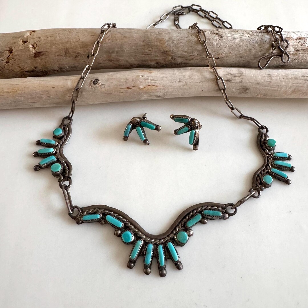 Mid Century Zuni Petit Point Sleeping Beauty Turquoise Sterling Silver ...