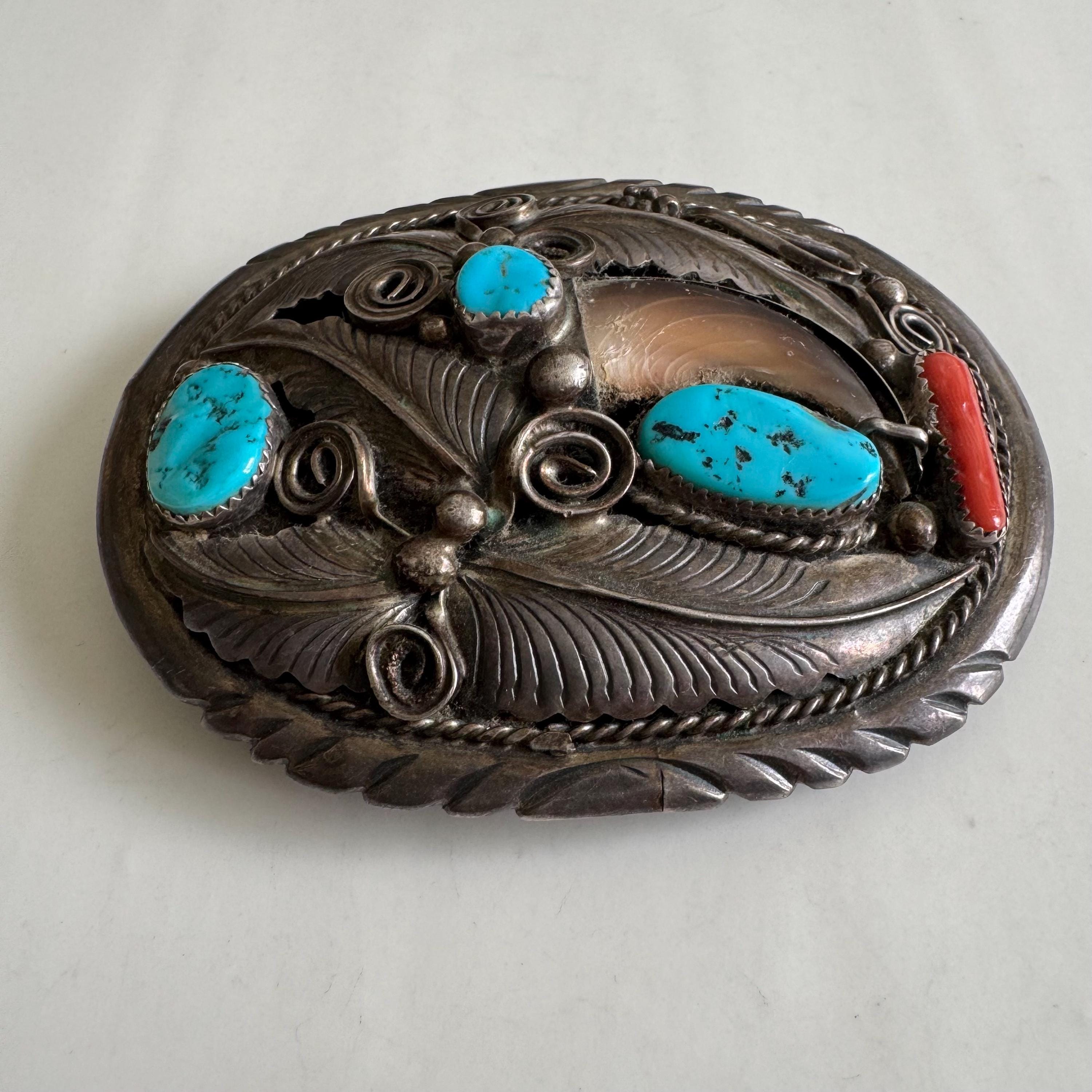 Native American Navajo Willie Nezzie Turquoise Coral Inaly Belt Buckle Navajo Belt Buckle .999 Nickel Buffalo Gemstone Signed  main image 4