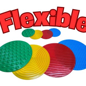 May include: Five flexible, round, textured balance pads in green, yellow, red, and blue. The pads are designed for exercise and physical therapy.