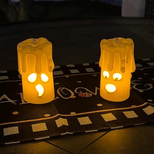 LED Ghost Candle Tea Light Holders – Set of 2 Haunted Candle Decor | Flameless Battery Ghost Candles, Spooky Halloween Haunted House Accent