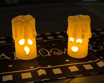 LED Ghost Candle Tea Light Holders – Set of 2 Haunted Candle Decor | Flameless Battery Ghost Candles, Spooky Halloween Haunted House Accent