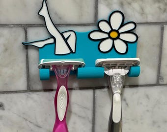 Flower Razor Holder • No Drill Adhesive Shower Hook • Fun Bathroom Organizer for Separate Razors