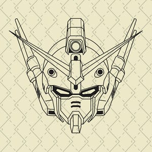 Pu&ograve; includere: Illustrazione di linea d'arte di una testa di robot con un design dettagliato. La testa &egrave; composta da forme geometriche e presenta una visiera, antenne e un mento appuntito.