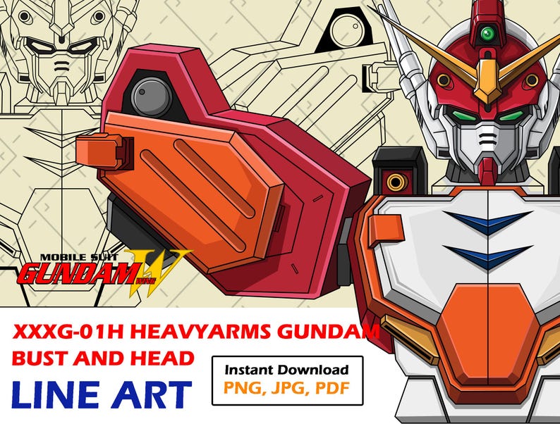 Gundam Heavyarms Bust Line Art - Vista frontale Mecha (download digitale) immagine 1