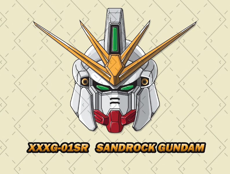 Puede incluir: Ilustraci&oacute;n de la cabeza del Sandrock Gundam, un robot mecha. La cabeza es principalmente blanca con detalles dorados, rojos y verdes. El texto "XXXG-01SR SANDROCK GUNDAM" se muestra debajo.
