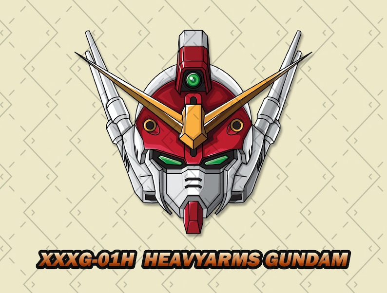 Pu&ograve; includere: Un'illustrazione di un robot rosso, bianco e giallo con la scritta "XXXG-01H HEAVYARMS GUNDAM" sotto.