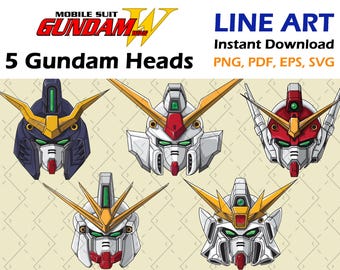 Mobile Suit Gundam Wing - 5 teste di Gundam vista frontale - Mecha