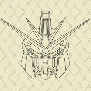 Puede incluir: Ilustraci&oacute;n en l&iacute;nea de la cabeza de un robot, con &aacute;ngulos agudos y un dise&ntilde;o detallado. La cabeza del robot es negra y est&aacute; sobre un fondo beige claro con un patr&oacute;n geom&eacute;trico repetitivo. El robot tiene dos antenas largas y puntiagudas.