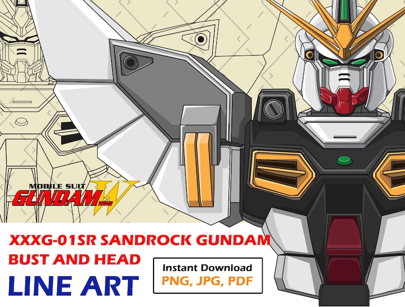 Busto de Gundam Sandrock: Dibujo lineal - Mecha frontal (Descarga digital) imagen 1